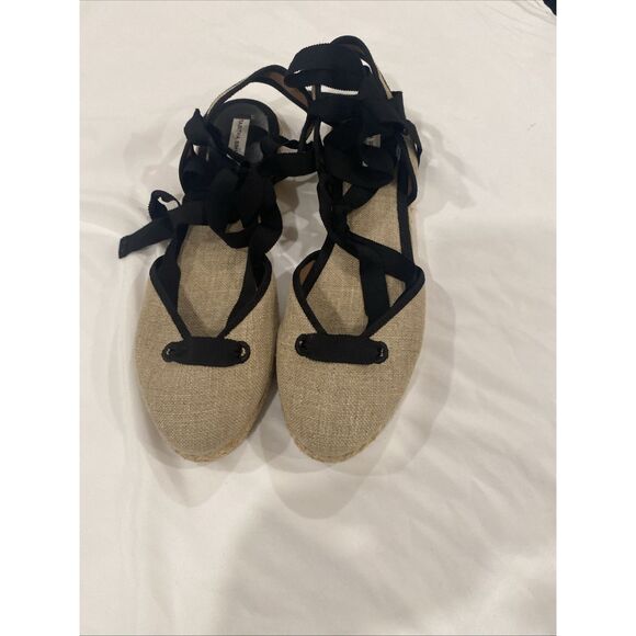 Tabitha Simmons Linen Ankle Wrap Flat Sandals EU 39/US 8 Espadrille Tan Canvas - Picture 2 of 14